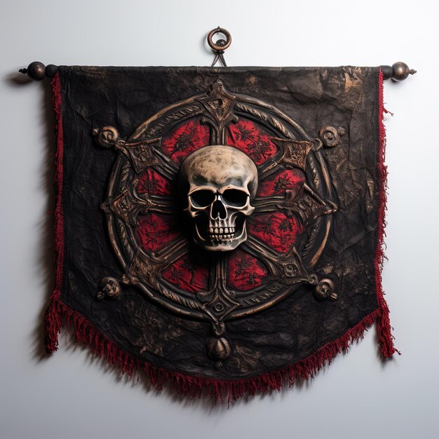 a skull is hanging on a wall with a red flower on it