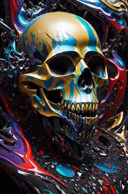 A skull is painted gold blue and pink as it sits on a blanket