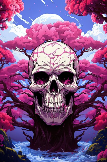 Photo a skull is sitting in front of a pink tree with purple flowers