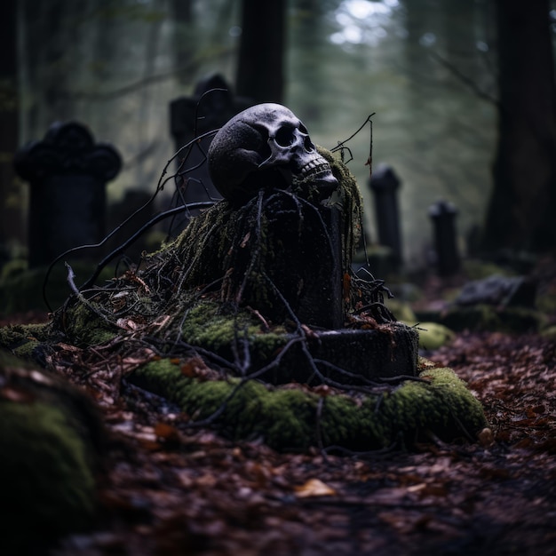 a skull is sitting on top of a tombstone in a forest