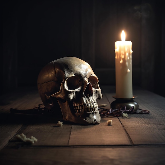 A skull is on a table next to a candle.