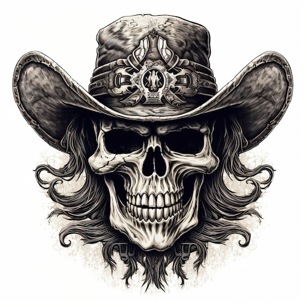 Foto il cranio indossa un cappello da cowboy e porta le ossa nello stile di un logo crosshatching dettagliato