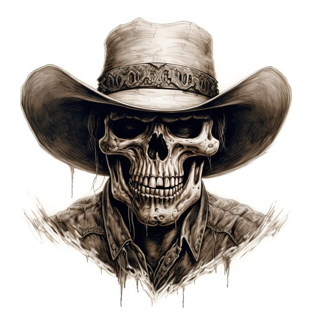 The skull is wearing a cowboy hat and carrying bones in the style of detailed crosshatching logo