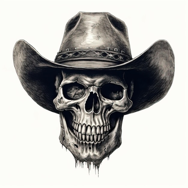 Foto il cranio indossa un cappello da cowboy e porta le ossa nello stile di un logo crosshatching dettagliato