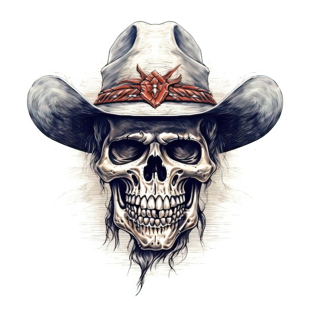 Foto il cranio indossa un cappello da cowboy e porta le ossa nello stile di un logo crosshatching dettagliato