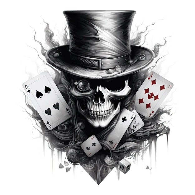 the skull is wearing a hat and playing cards in the style of logo monochrome portraits security