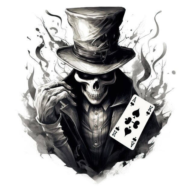 the skull is wearing a hat and playing cards in the style of logo monochrome portraits security