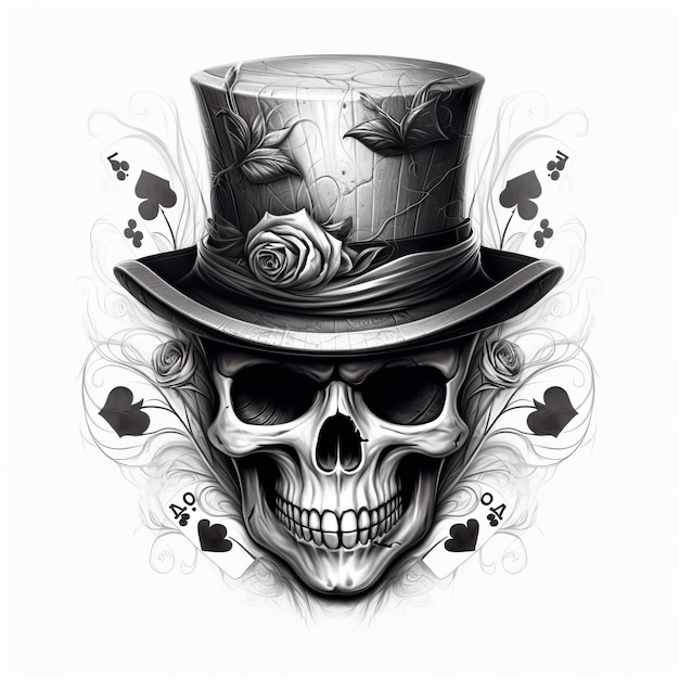 the skull is wearing a hat and playing cards in the style of logo monochrome portraits security