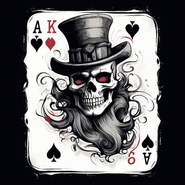 the skull is wearing a hat and playing cards in the style of logo monochrome portraits security