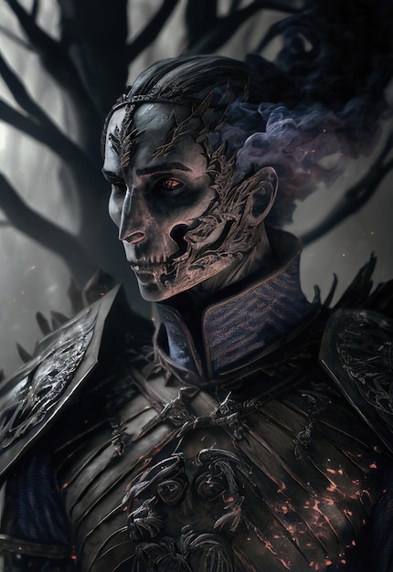 Skull knight in the forest art generated by artificial intelligence