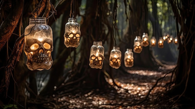 Skull Lanterns Illuminating Haunted Woods