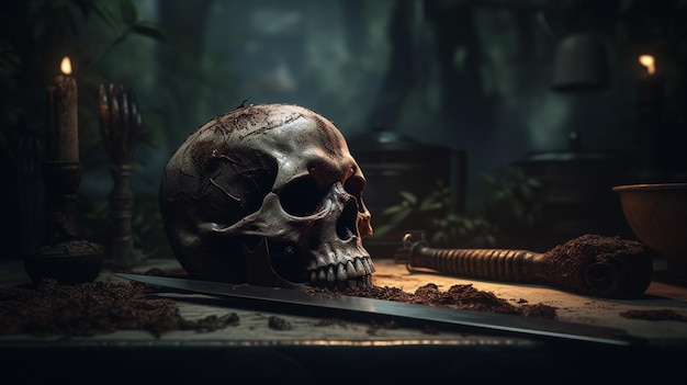 A skull lies on a table in a dark forest with a knife and a knife.