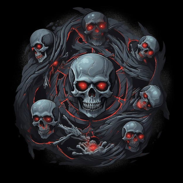 A skull logo with red eyes and a black background