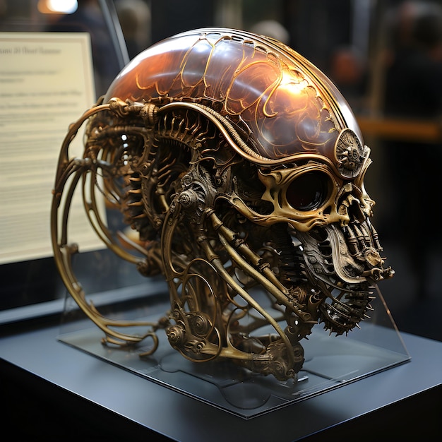 The skull looks strangely like an imaginary extraterrestrial creature Set up on a base for display