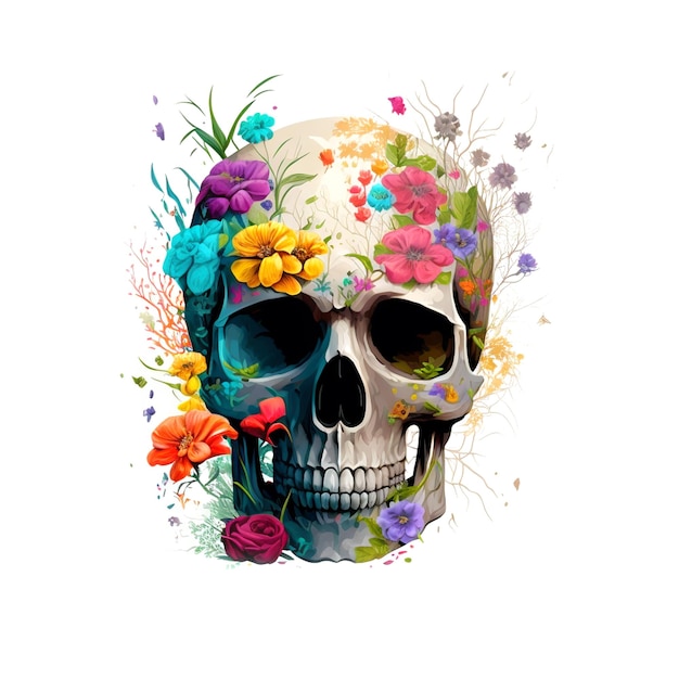 Skull Love and Flowers on white background Day of The Dead