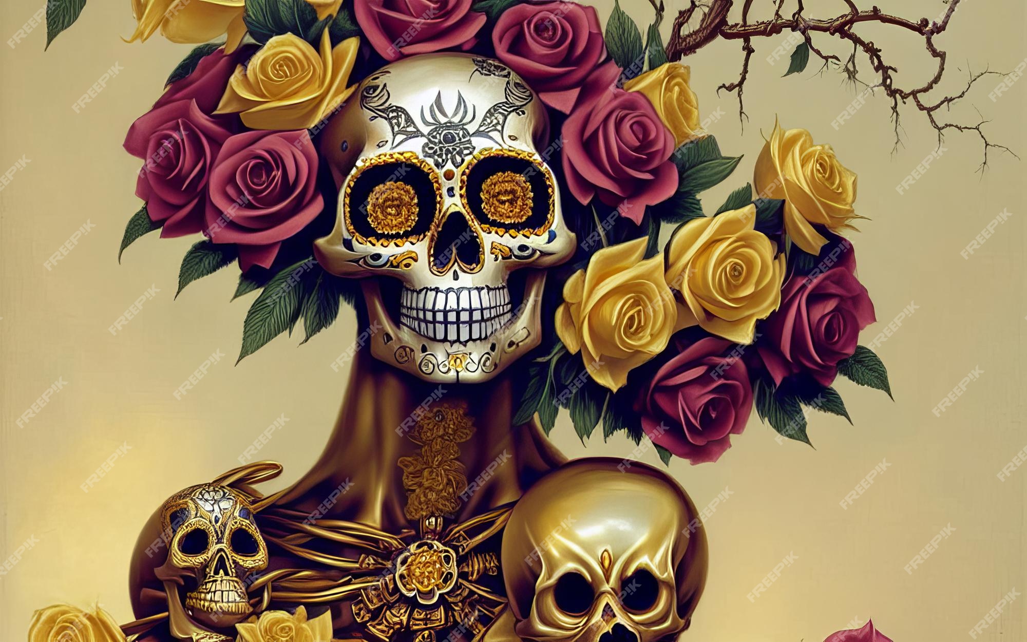 Premium Photo | Skull made of gold with flowers and vines spooky background  for day of the dead