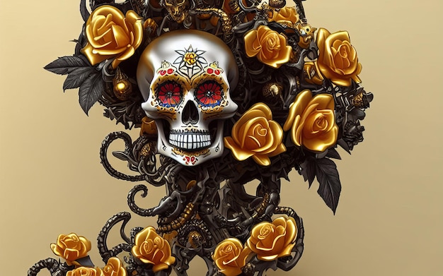 Skull made of gold with flowers and vines spooky background for day of the dead