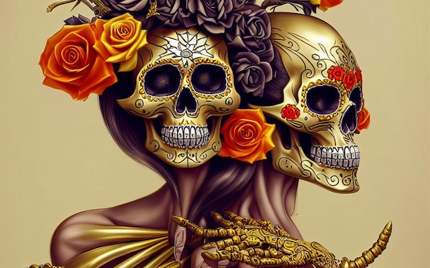 Skull made of gold with flowers and vines spooky background for day of the dead