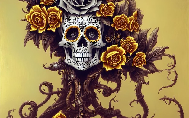 Skull made of gold with flowers and vines spooky background for day of the dead