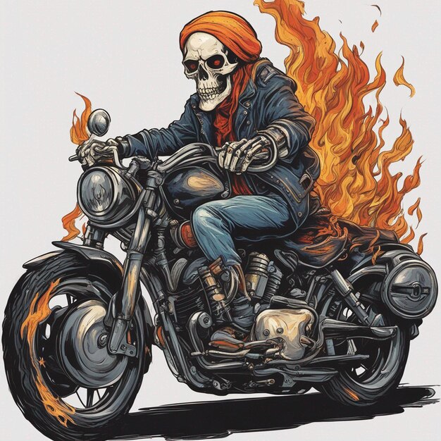 Foto uomo del teschio con il disegno di una maglietta per moto da fuoco