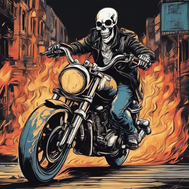 Skull man with fire bike tshirt design