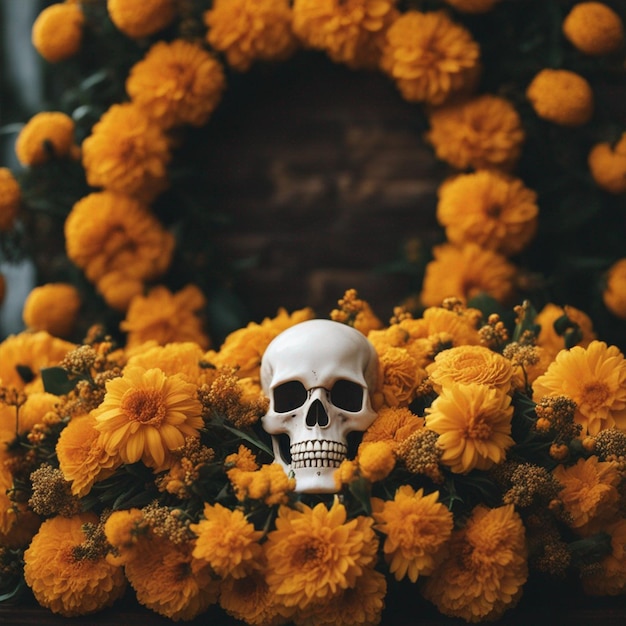 Skull in marigold flowers wreath Dia de los Muertos altar closeup wallpaper