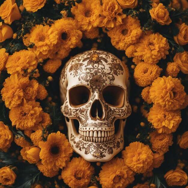 Skull in marigold flowers wreath Dia de los Muertos altar closeup wallpaper