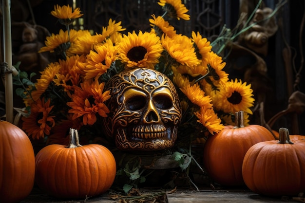 Skull among marigolds and colors