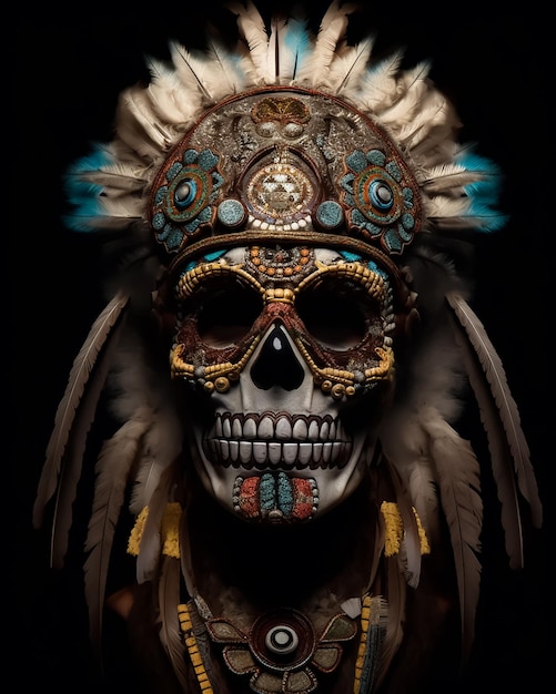 A skull mask with a feather and the word day of the dead on it