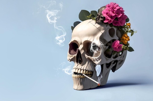 Skull in McQueen style with a smoking cigarette in his mouth on a blue background space for text The concept of the dangers of smoking and its consequences