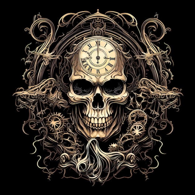 skull and mechanical clock tattoo design dark art illustration isolated on black background