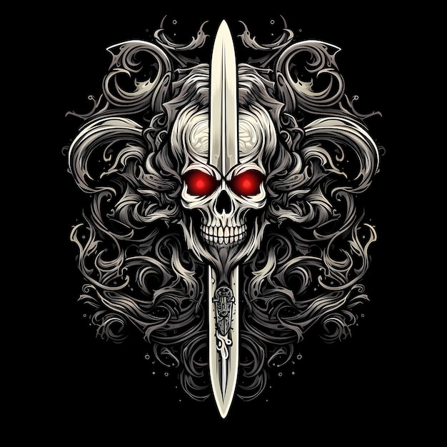 skull and medieval sword tattoo design dark art illustration isolated on black background