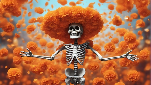 Skull in a mexican sombrero with orange marigold flowers