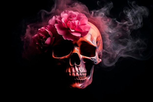 череп посреди розового дыма на черном фоне