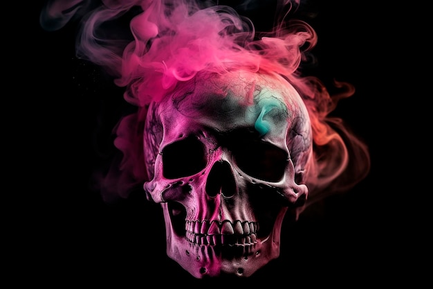 skull in the middle of pink smoke on a black background