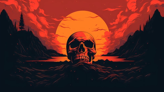 skull in the middle of a sunset landscape for background wallpaper