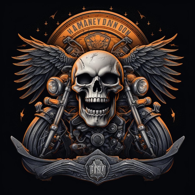 Skull on motorbike on the road circle logo