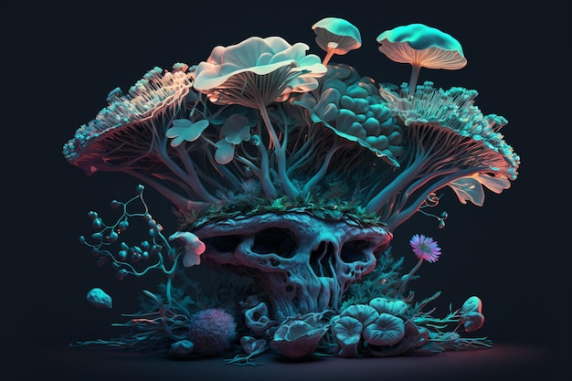 A skull and mushrooms in a dark room