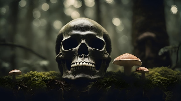 Skull and mushrooms in the forest Scary Halloween concept