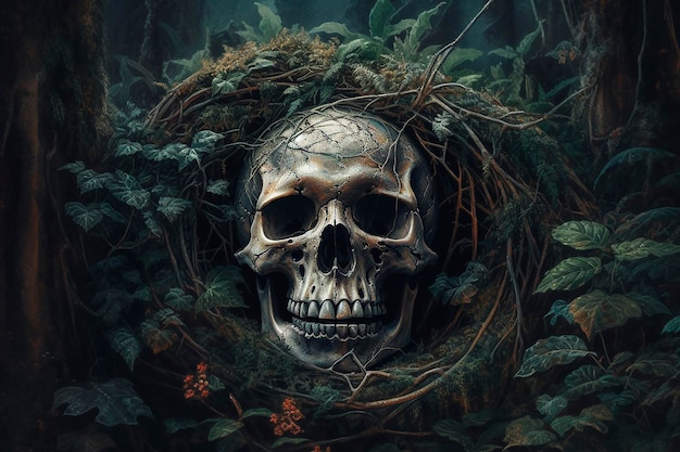 A skull in a nest with a plant in it