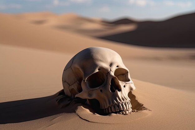 写真 砂漠の砂の上に横たわる人の頭蓋骨 生成ai