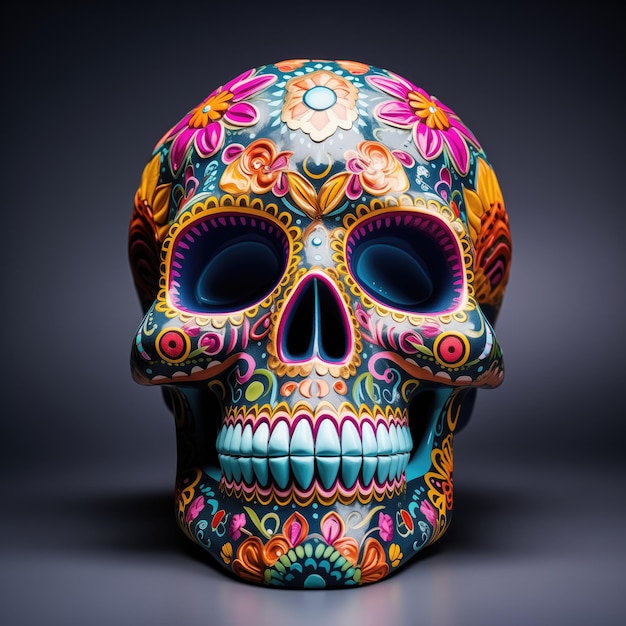 Skull painted with floral and vivid colors to day of the deads holiday