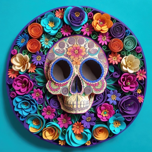 Foto arte di quilling di carta cranio con motivi floreali colorati