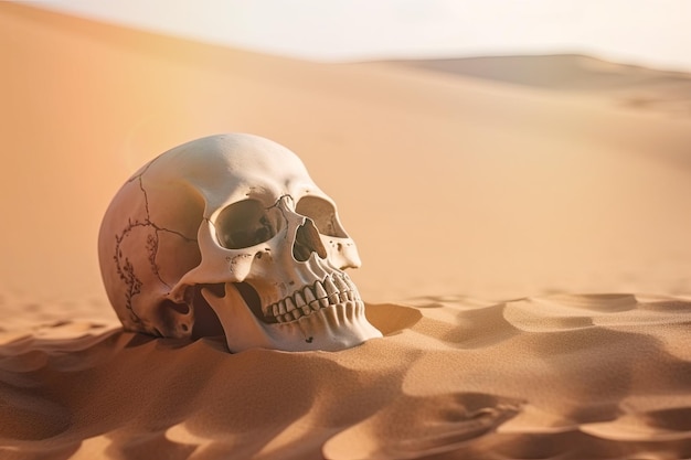 Skull of a person lying on the desert sand Generative AI
