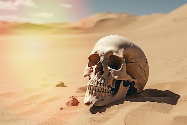 Skull of a person lying on the desert sand Generative AI