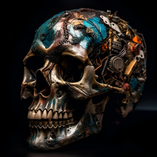 Skull of a pirate on a black background Closeup