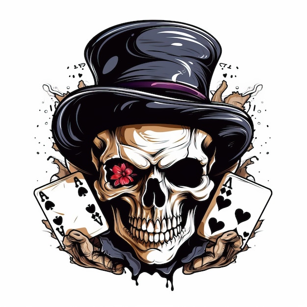 Foto skull poker illustratie in gestreepte hoed en witte achtergrond mouw ontwerp