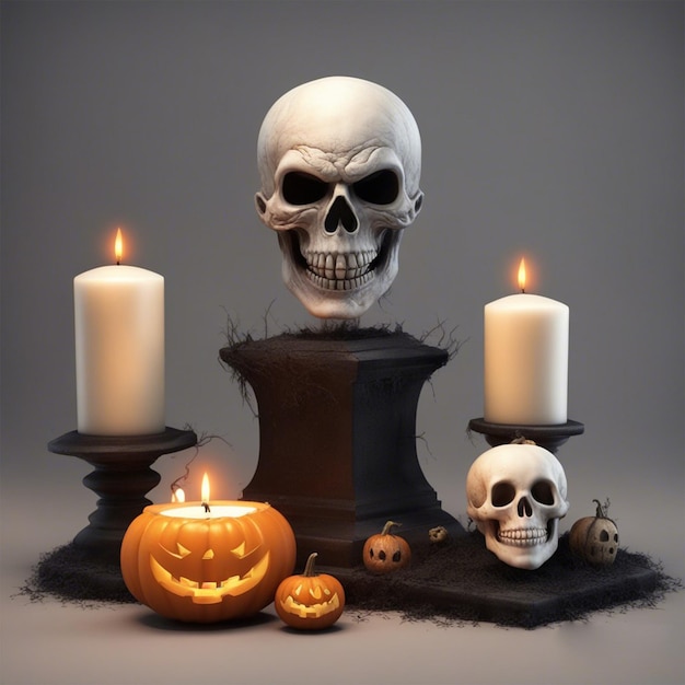 Skull pumpkin and candles on a black background for a halloween decoration close up