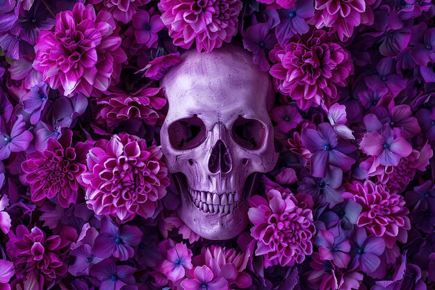 Skull and purple flowers for halloween background Top view
