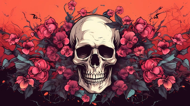 skull among red flowers for background wallpaper